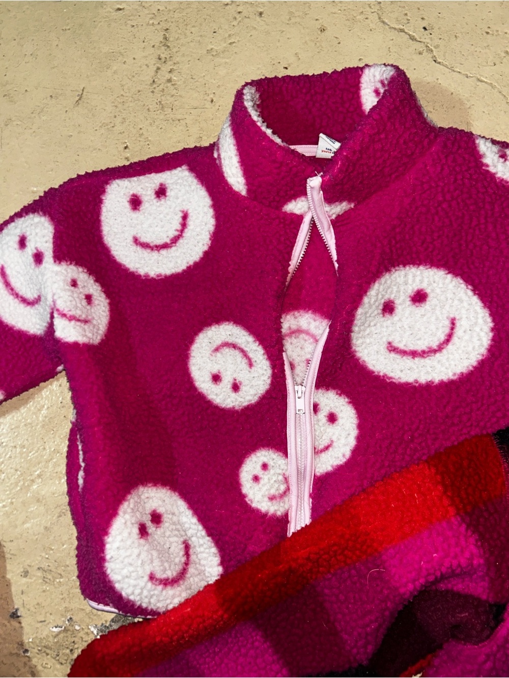 Old Navy Hot Pink Sherpa Zip Pullover with White Smiley Faces